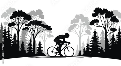 Silhouette of a Cyclist Pedaling Through a Lush Forest Landscape at Dusk