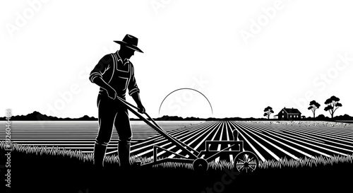Classic woodcut style silhouette of a farmer working a field with a push mower, set against a sunrise or sunset in a rural landscape.