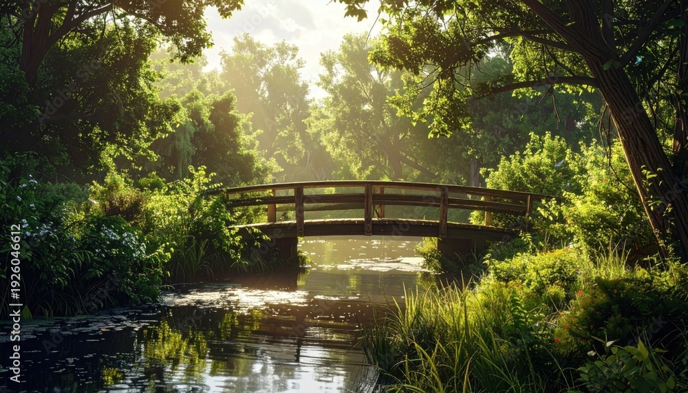 Fototapeta premium Serene Woodland Bridge over Calm River.