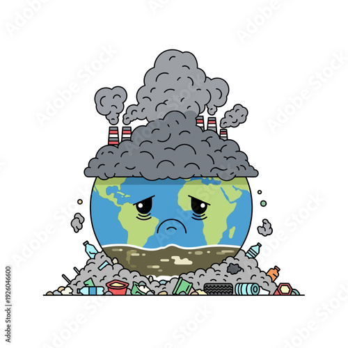 Sad Earth Planet Suffocating in Pollution and Trash