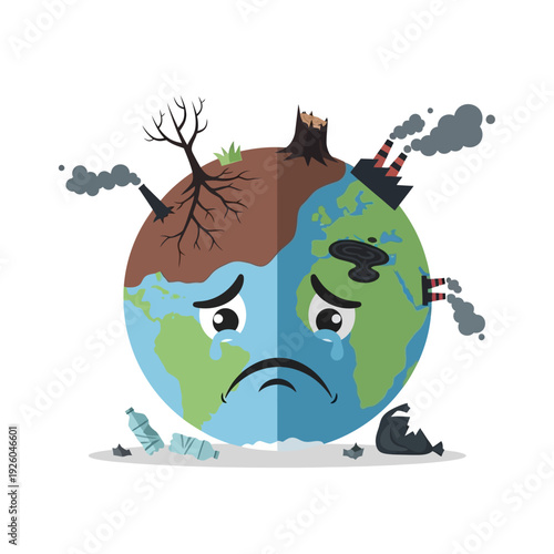 Sad Earth illustration showing pollution and environmental damage vs nature