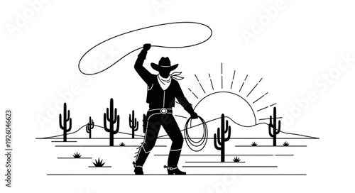 Cowboy with Lasso in the Desert at Sunset.