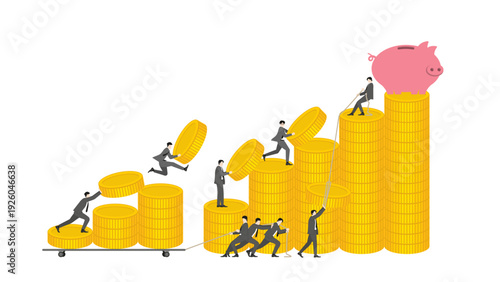 Businessman teamwork building financial success with gold coin stacks and a pink piggy bank on top for wealth accumulation and money saving investment