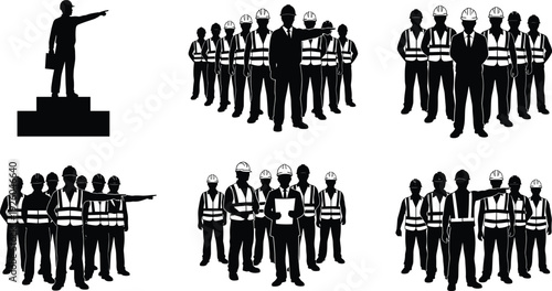 Construction worker team silhouette, engineer group standing, industrial workers in safety vests, foreman pointing, builder crew collection, site management vector.