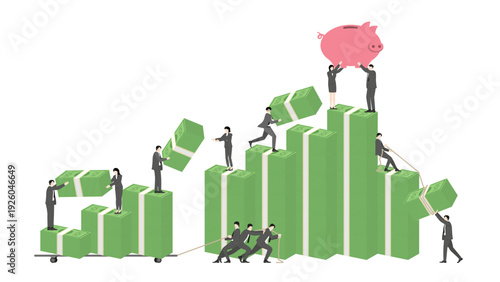 Diverse business team of men and women working together to build financial growth with banknote stacks and a piggy bank on top for wealth accumulation