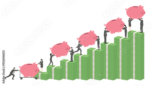Diverse business team delivering pink piggy banks to the top of banknote stacks for financial management, wealth growth and systematic money saving
