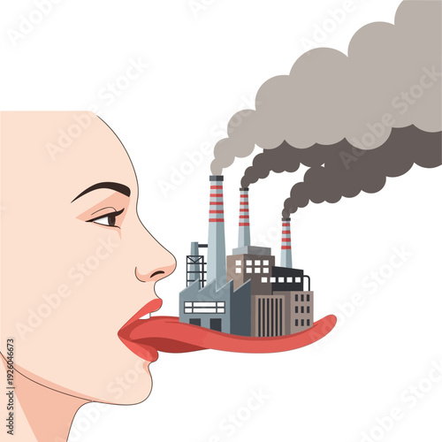 Woman's Tongue Holding Factory Emitting Smoke, Pollution Concept
