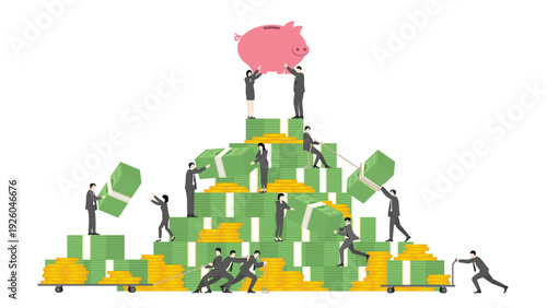 Business teamwork of men and women building massive wealth with banknote and coin stacks and a piggy bank on top for total financial success concept