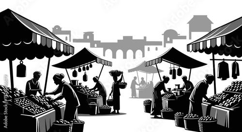 Bustling traditional open-air market illustration with vendors, shoppers, and stalls selling various goods and fresh produce.