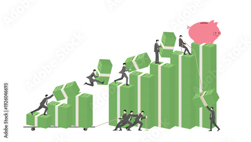 Business teamwork building financial growth and wealth accumulation concept with businessmen stacking banknotes and a pink piggy bank on the top goal