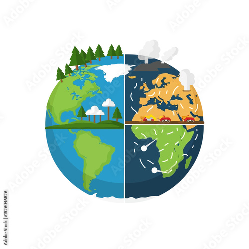 Planet Earth divided into four seasons, contrasting nature and pollution