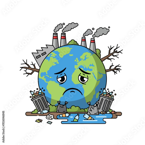 Sad Earth Character Surrounded by Pollution and Trash - Environmental Crisis Concept