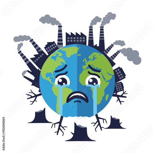 Sad Earth Crying from Pollution and Deforestation with Factories Emitting Smoke