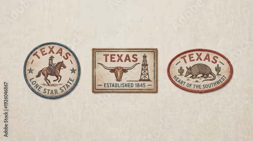 Vintage Texas Patches Collection: Iconic Lone Star State Symbols - Cowboy, Longhorn, Armadillo Emblems on Rustic Fabric