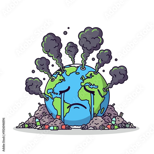 Sad Earth Crying Over Pollution and Garbage