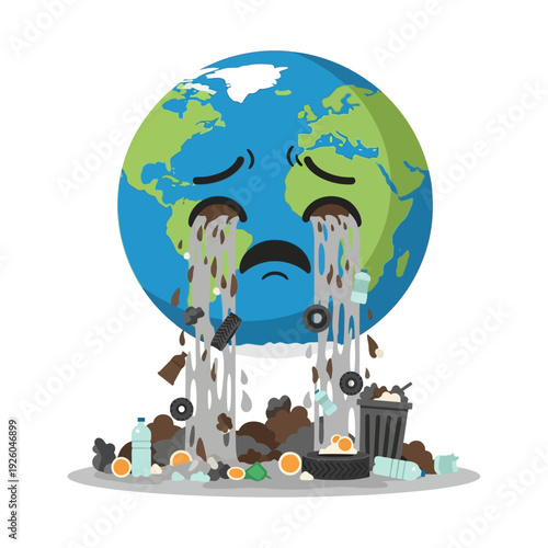 Sad Earth Crying Over Environmental Pollution and Garbage