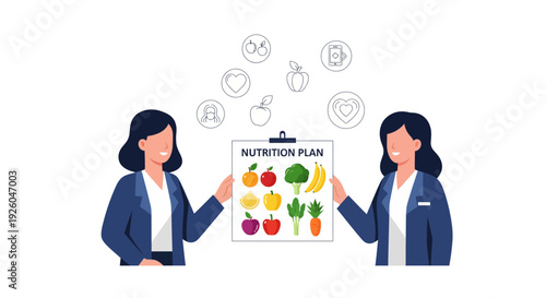 Two businesswomen discussing healthy nutrition plan with fresh fruits and vegetables