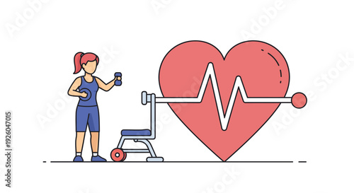 Fitness woman exercising with dumbbells near heart rate monitor