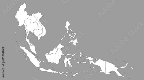 Blank Outline Map of Southeast Asia with Political Borders. Detailed Vector Template of ASEAN Countries on Grey for Customization and Data Visualization.