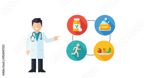 Doctor presenting healthy lifestyle choices with exercise, nutrition, and hygiene icons