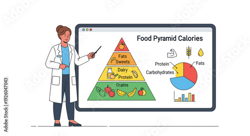 Nutritionist explaining healthy food pyramid and calorie distribution on digital screen