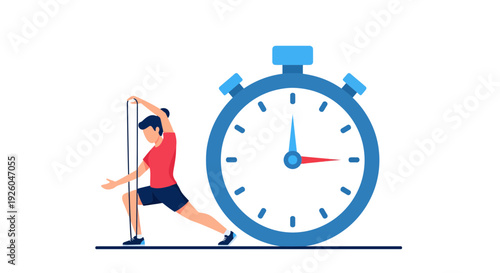 Athlete stretching next to oversized stopwatch in dynamic pose