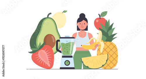 Woman preparing healthy smoothie with fresh fruits and blender