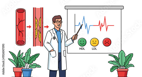 Doctor explaining cholesterol levels and heart health on presentation board