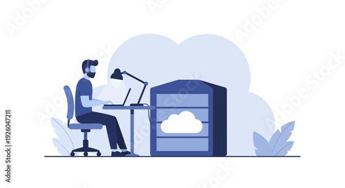 Man working on laptop with cloud storage server nearby