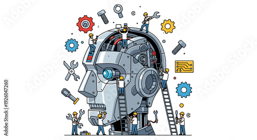 Workers constructing futuristic robotic head with tools and gadgets