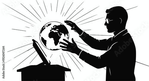 Silhouette of a man presenting the globe from behind a podium with radiating lines of light