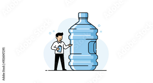 Man presenting large water bottle with clipboard in hand confidently