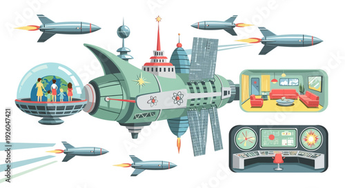 Retro futuristic spaceship with diverse crew traveling through space with rockets