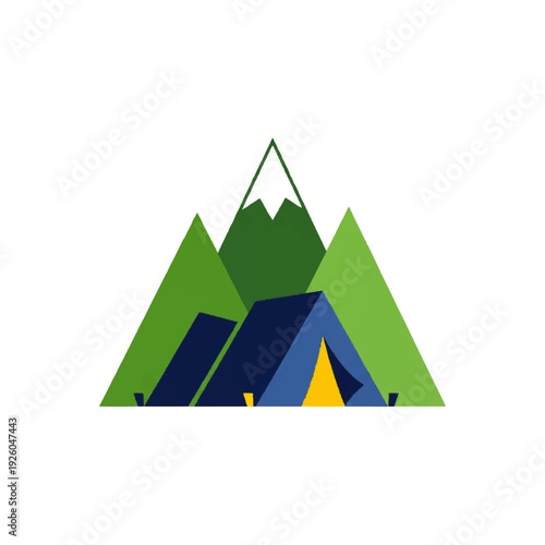 Dynamic minimalist vector illustration of a vibrant camping tent nestled amidst serene green mountain peaks, symbolizing outdoor adventure, wilderness exploration, and recreational travel in nature