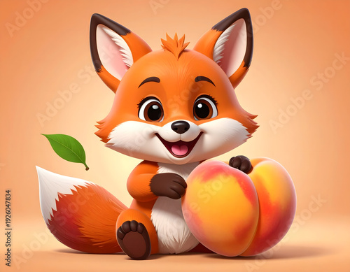 Mascot character (e.g., a cute fox or bear) happily holding a large, perfectly ripe peach
