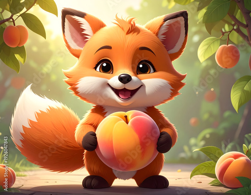 Mascot character (e.g., a cute fox or bear) happily holding a large, perfectly ripe peach