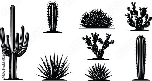 Set of black cactus silhouettes and desert plant icons including saguaro agave and prickly pear for southwestern nature graphic design