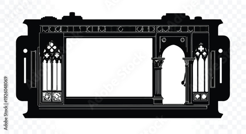 Black Silhouette of an Ornate Architectural Frame with Gothic Arches and Columns