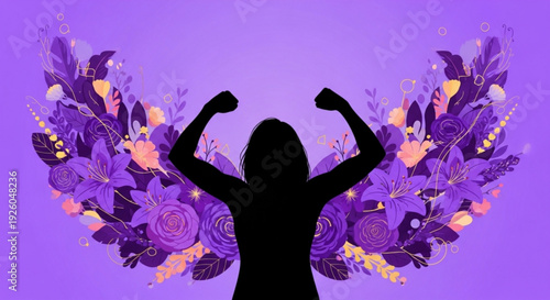 Empowered woman with floral wings flexing strong arms symbolizing female strength and beauty on purple background