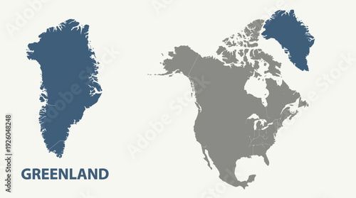 Greenland and North America Maps: Detailed Geographic Outlines with Greenland Highlighted in Blue for Education & Travel