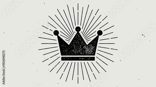 Vintage Distressed Black Crown with Sunburst Rays on Grungy Background - Royalty, Success, and Power Symbol