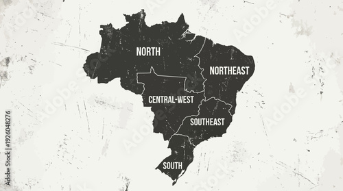 Distressed Grunge Map of Brazil's Five Geographic Regions: North, Northeast, Central-West, Southeast, South. Vector Illustration.