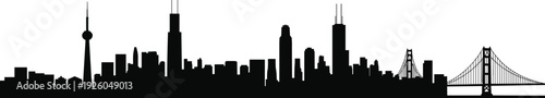 Black silhouette of a global city skyline featuring iconic world landmarks including international skyscrapers and famous bridges on white background.
