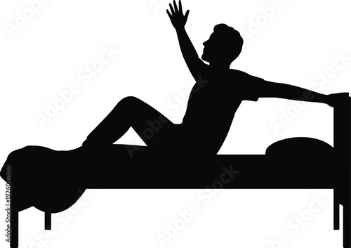 Black silhouette of a man sitting up and stretching in bed after waking up isolated on a white background.