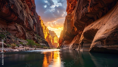 Stunning Sunset Over Grand Canyon River with Reflective Waters.