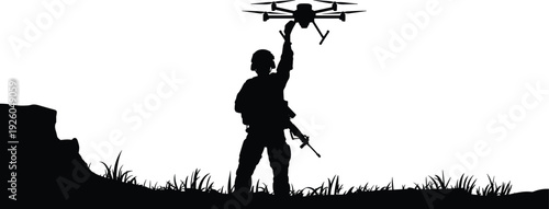 Black silhouette of a soldier in uniform holding a military drone for surveillance and tactical operations in an outdoor field.