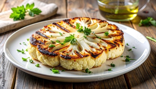 Roasted Cauliflower Steak with Fresh Herbs Served on a Plate on a Rustic Wooden Table.