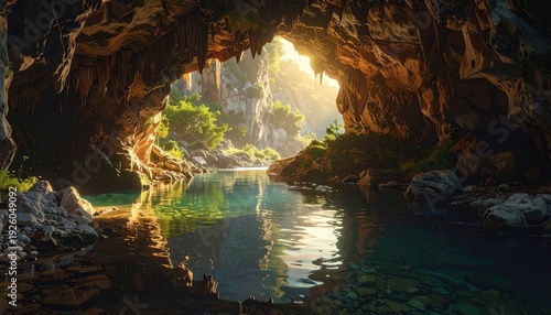 Serene Cave Entrance with Calm Water Reflection.