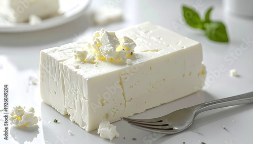 White Feta Cheese Block with Crumbly Texture.