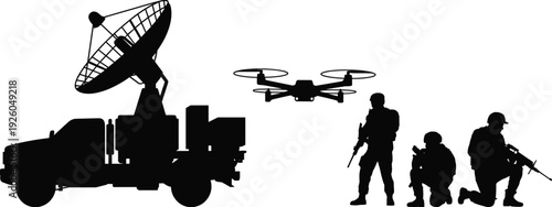 Black silhouette of military soldiers with a drone and satellite communication truck isolated on white background for modern warfare themes.